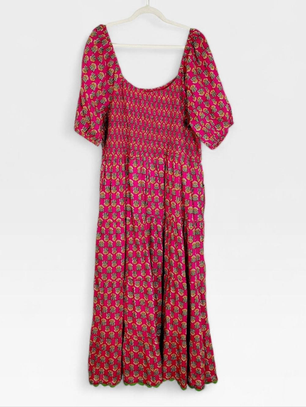 LEA Fuschia Floral Indian Block Print Smocked Puff Sleeve Maxi Dress 2X - Picture 7 of 8